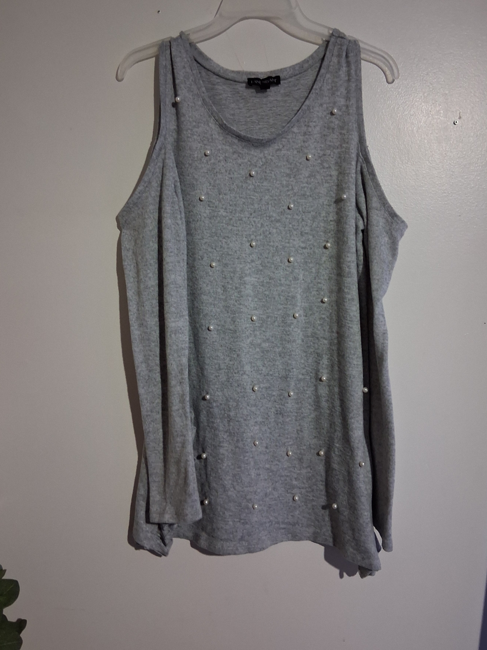 Lane Bryant Light Gray Cold-Shoulder Pearl Detail Sweater